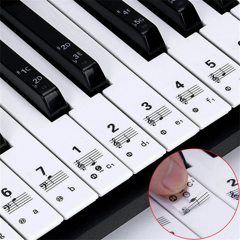 Transparente Teclado Piano adesivos, Símbolo Tags para Chaves, Transparente, Removível, Eletrônico, Stave Note, 61 Chave