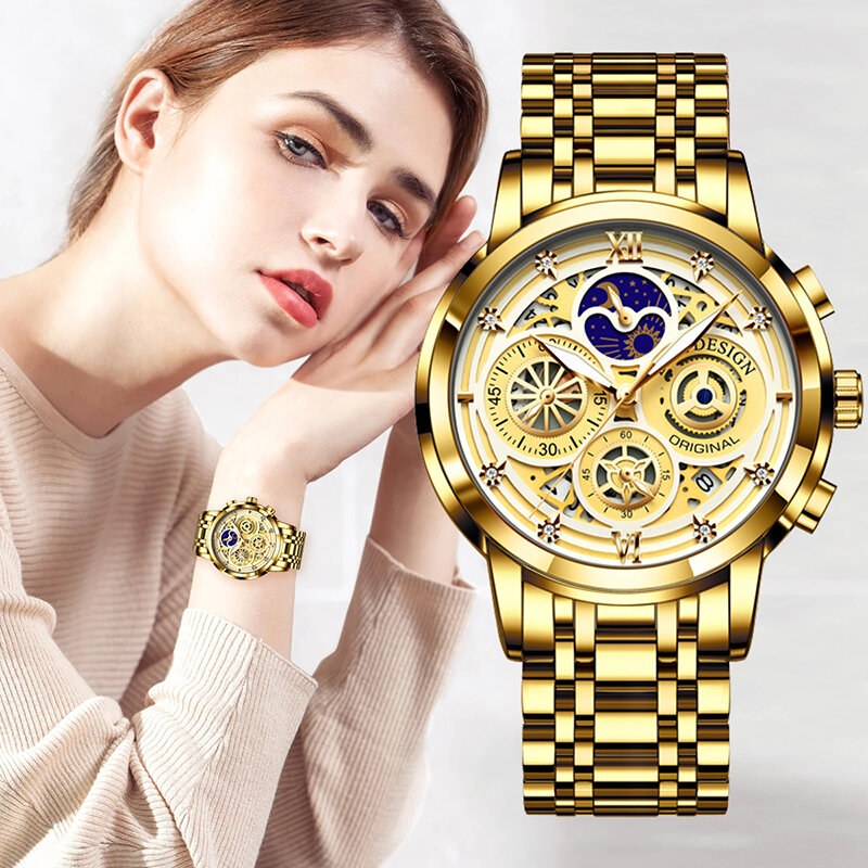 Lige-女性用ステンレススチール腕時計,ゴールドカラー,クリエイティブ,耐水性,女性用,新しいコレクション2023