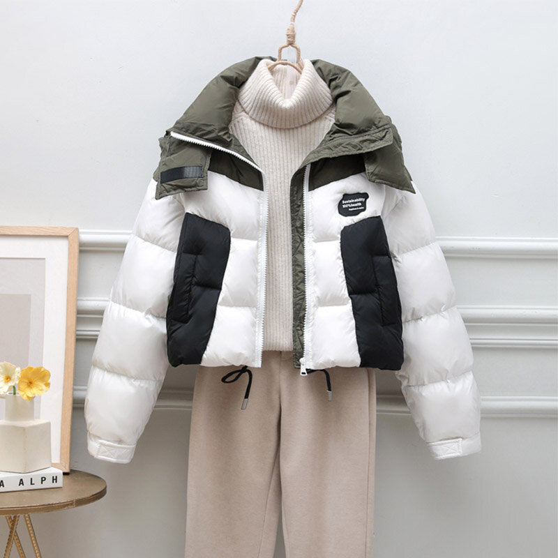 New Winter Women Block Color White Duack Down Jacket Short Splicing Fashion Loose Warm Coat Casual Tide Coat Outerwear Female