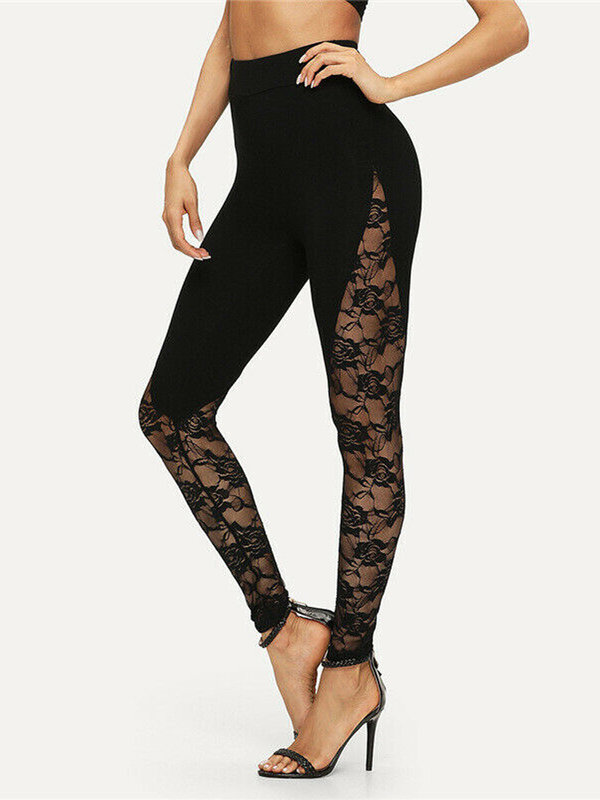 Leggings en dentelle noire taille haute sexy pour femmes, panneau latéral en dentelle florale pour dames, leggings découpés noirs S-2XL