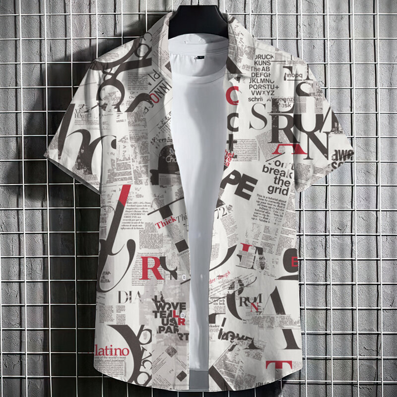용수철 여름 남성 셔츠, 신문 패턴 인쇄 하이 퀄리티, 레트로 클래식 클럽 반팔 셔츠