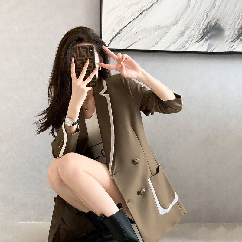 Осень-зима, корейский модный элегантный Блейзер в стиле пэчворк, женское свободное повседневное пальто на пуговицах, Женская куртка, женская верхняя одежда
