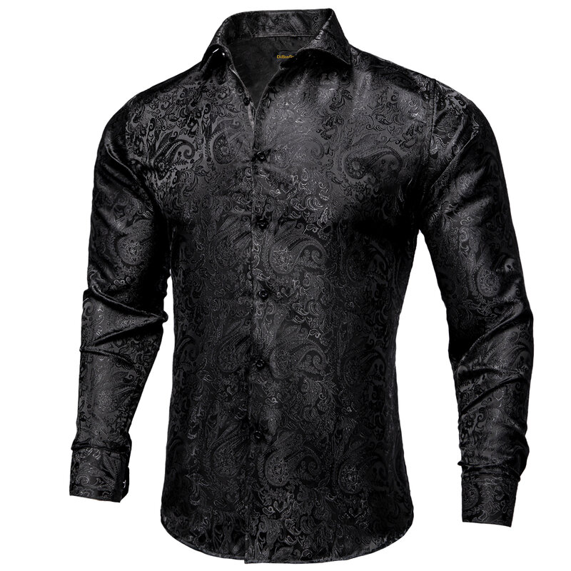 Camisas de seda Paisley manga comprida masculina, smoking casual, camisa social, roupas de grife de luxo, preta