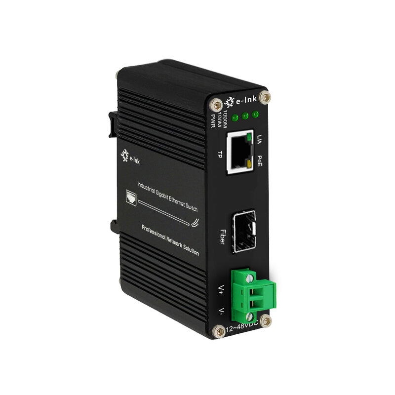 Mini Industriële 30W/60W Poe Gigabit Media Converter 12 ~ 48vdc 1 Poort Din Ethernet Switch Met Sfp Aluminium Behuizing
