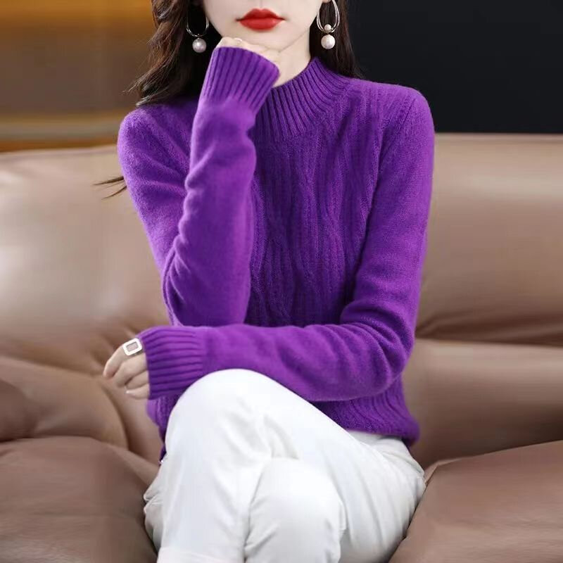 2024 여성용 하이 스택 칼라 풀오버 긴팔 니트 스웨터, 따뜻한 하이 퀄리티 보터밍 셔츠 니트웨어, 겨울