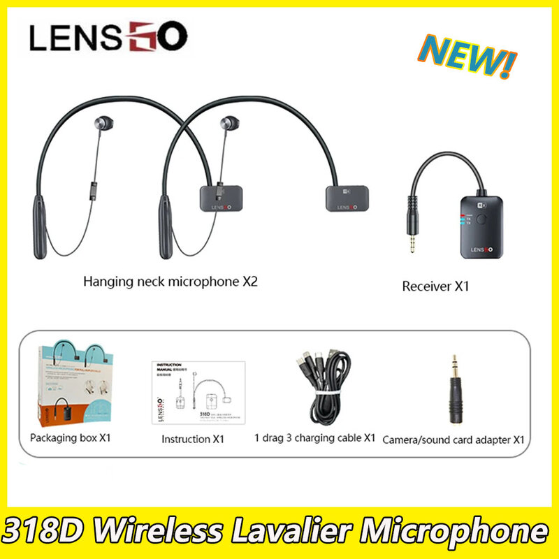 LENSGO-318D 무선 라발리에 마이크, 실시간 모니터링 2.4G 전이중 통화 무선 마이크 DSLR 카메라 스마트폰용