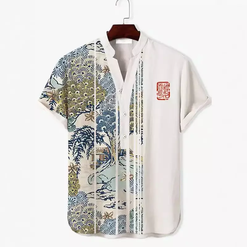 2024 new cross-border 3D digital heat transfer animal wolf shirt landscape picture 3-button stand-up collar short-sleeved shirt