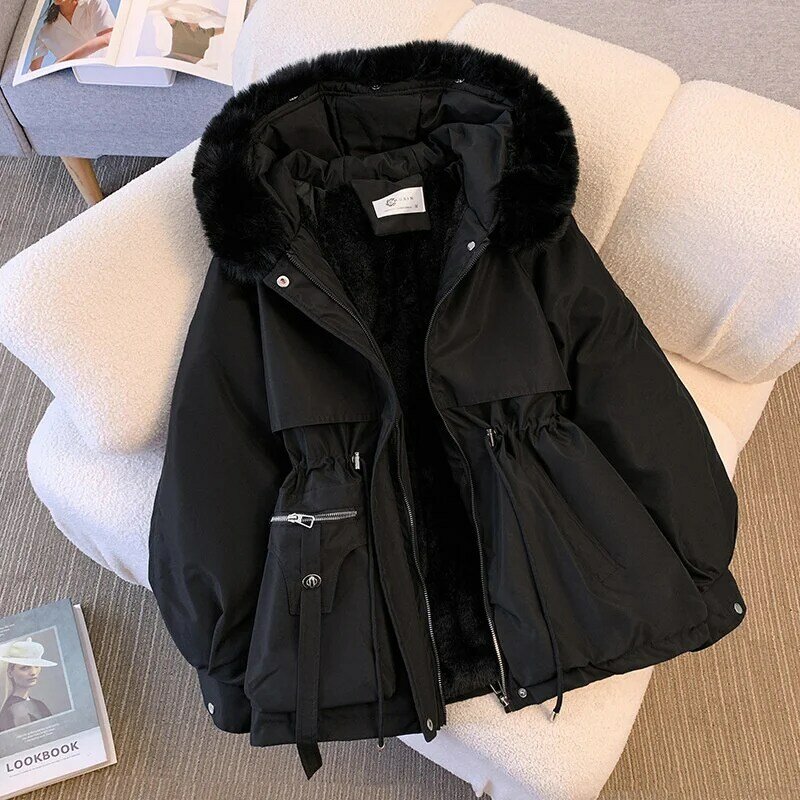 女性のフェイクファーの冬のジャケット,長いフード付きコート,暖かい裏地付きの衣服,冬のファッション,2023