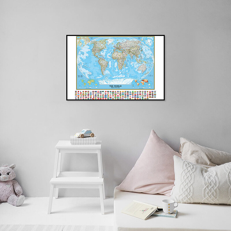 Mapa del mundo sin decoloración con banderas de países, No tejido papel tapiz, póster de mapa del mundo, decoración, pegatina de pared personalizada, 84x59cm