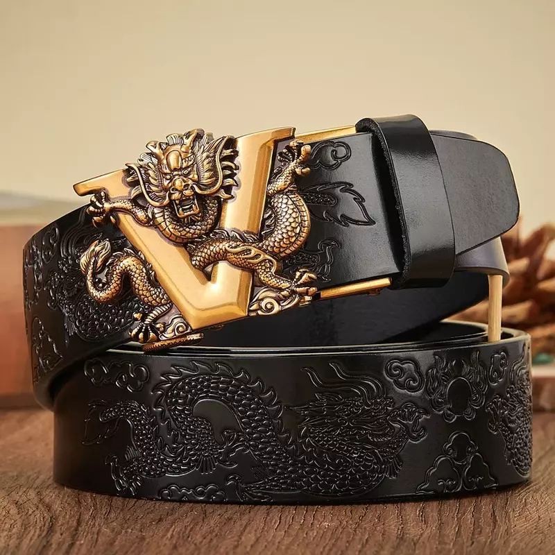 2024 New 3.4CM Male Chinese Dragon Belt Cowskin Genuine Leather Belt for Men Carving Dragon Pattern Automatic Buckle Belt Strap