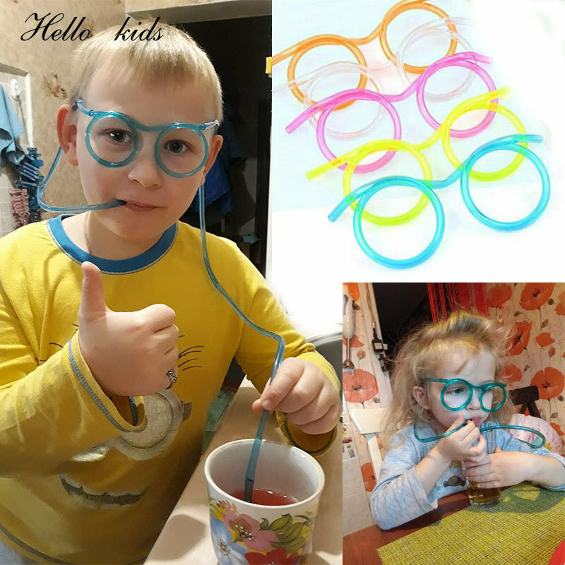 Pajita de plástico suave para niños, 1 piezas, herramienta para bromas y bromas prácticas, gafas divertidas para beber, juguetes para fiesta de cumpleaños