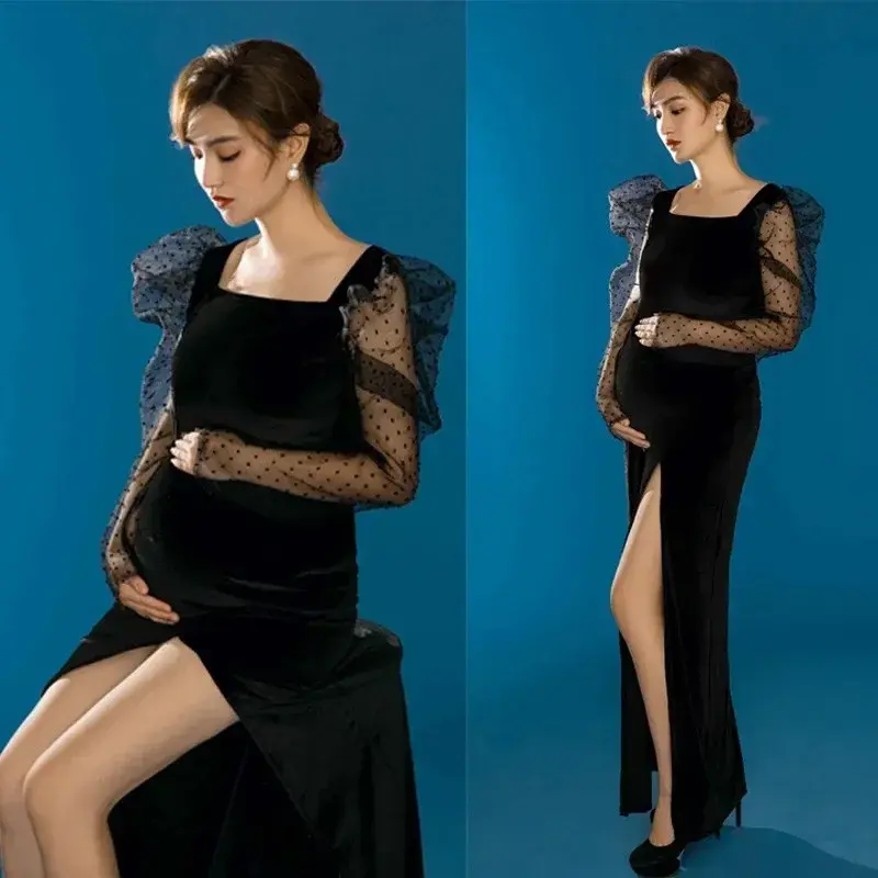 فستان الأمومة للنساء الحوامل ، مستلزمات التصوير الفوتوغرافي ، فساتين طويلة للتصوير الفوتوغرافي ، دانتيل أسود ، بلا أكمام ، ملابس الحمل