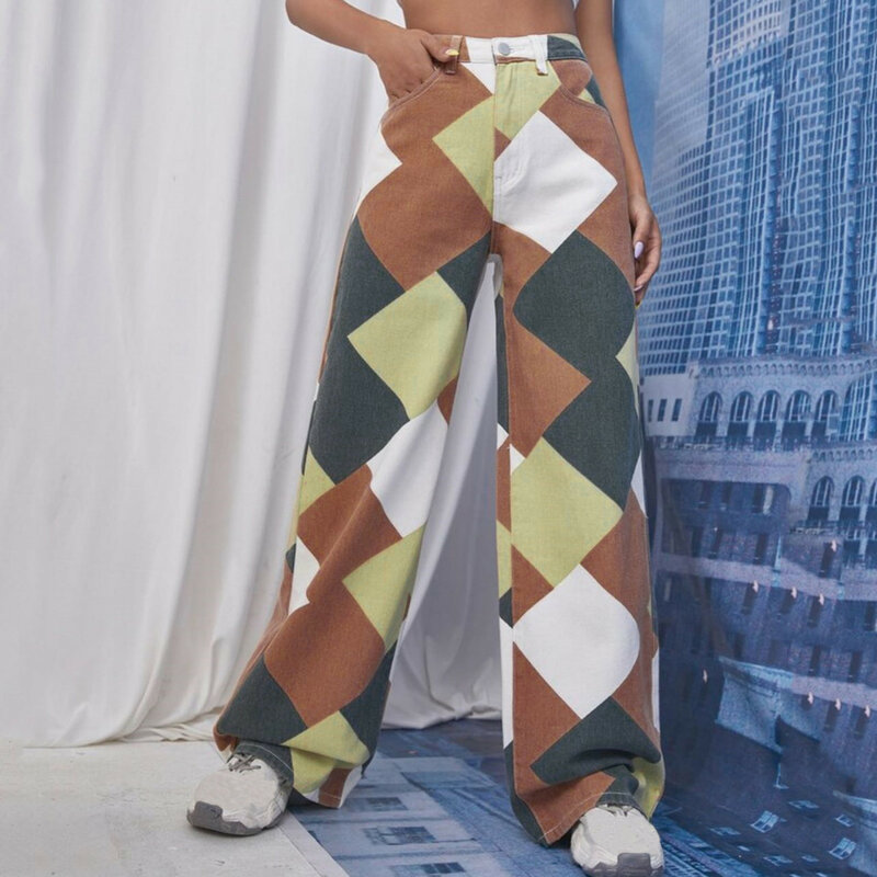 2024 pantaloni stampati con cuciture multicolori da donna pantaloni lunghi stampati a tubo dritto pantaloni larghi e sottili a scacchi