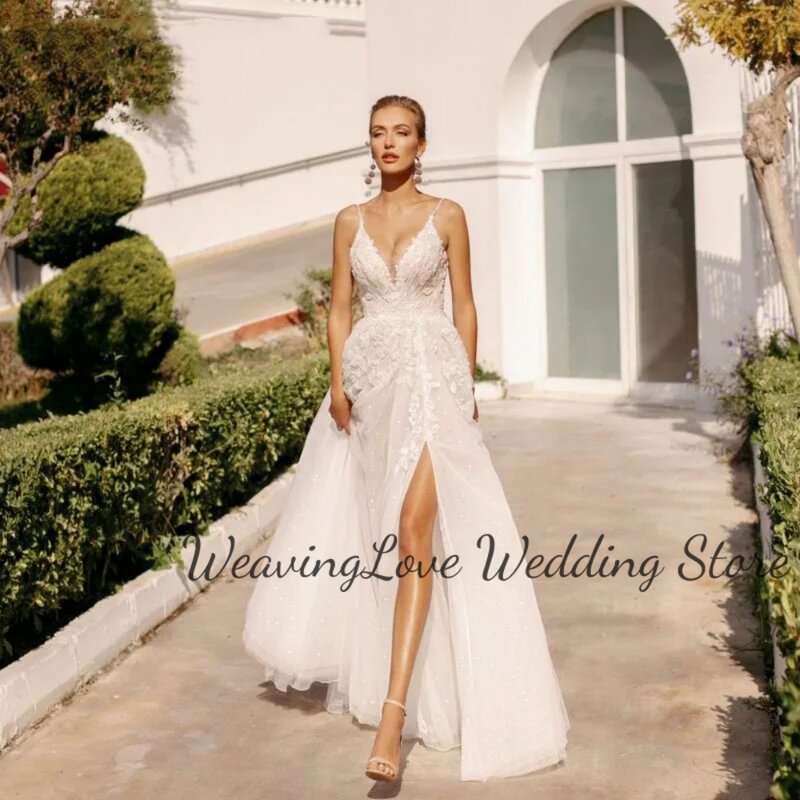 Exquisite Applique  Backless High Split  Wedding Dress V-Neck Backless With Button  Spaghetti Strap  Vestidos De Novia Custom