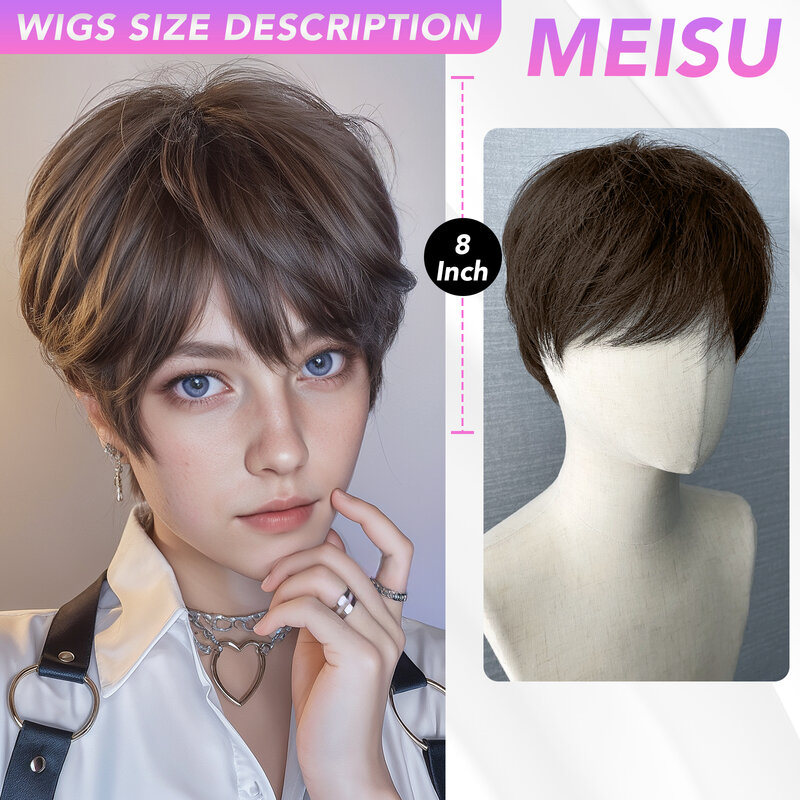 MEISU 8 Inch ShortBrown Stairght Bangs Wig Mens Wig Fiber Synthetic Wig Heat-resistant Non-Glare Natural Cosplay Daily For Man