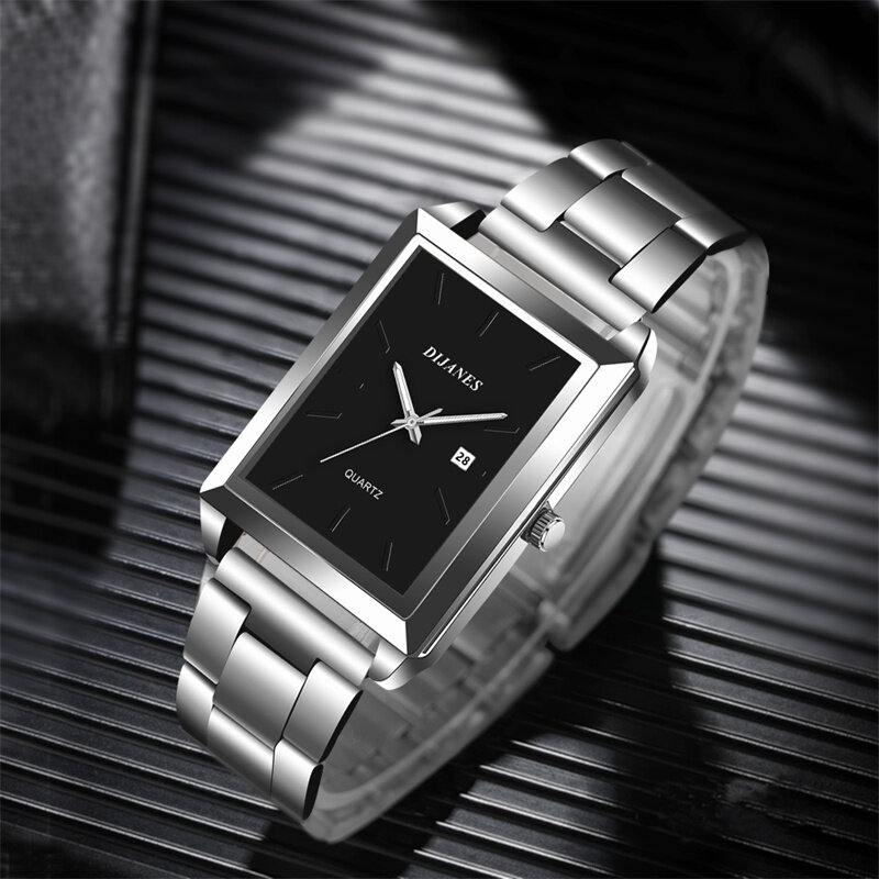 Relojes de moda para hombre, acero inoxidable rectangular de cuarzo de reloj de pulsera, luminoso, informal, de cuero, masculino