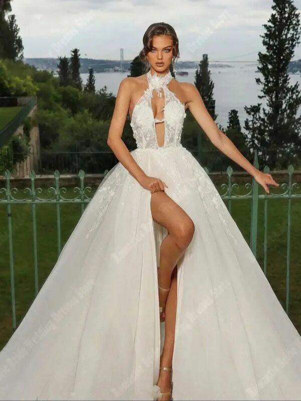 Seksowne wydrążone suknie ślubne najnowsze fascynujące puszyste Hemline Lady suknie ślubne lśniące tiulowe kobiety Vestidos De Novia