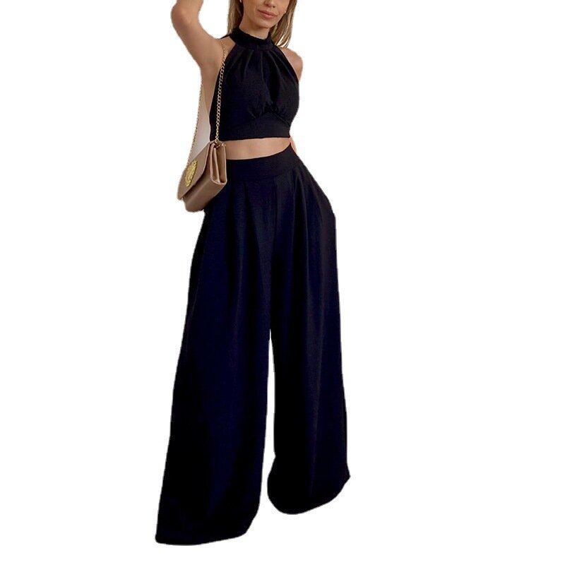 Женский Брючный комплект из двух предметов, пуловер без рукавов и бретелек, однотонный топ, длинные широкие брюки с карманами и высокой талией