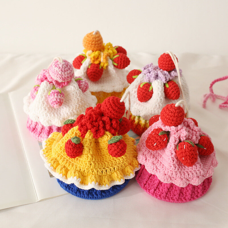 Children's Crossbody Woven Bag Wool Crocheted Finished Hand Knitted Bags in Shape of a Cake