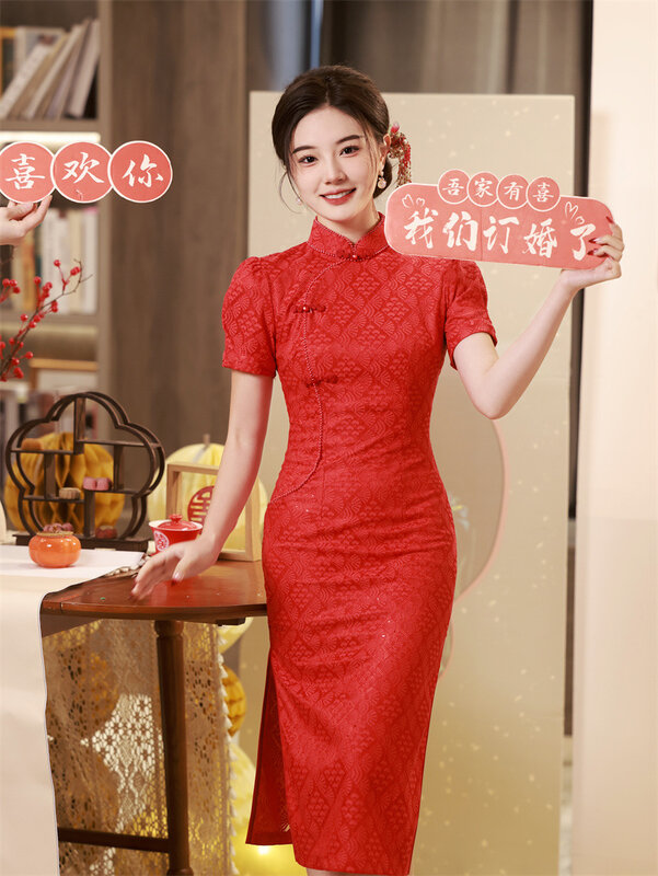 女性のためのヴィンテージ中国風ウェディングドレス、チャイナフォーム、デイリーqiPao、婚約、長持ち、赤、伝統