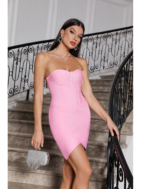 Seksowna mini sukienka bandażowa bez ramiączek dla kobiet Różowa sukienka bez rękawów bez pleców Bodycon Mini sukienki wieczorowe Celebrity Party Dress