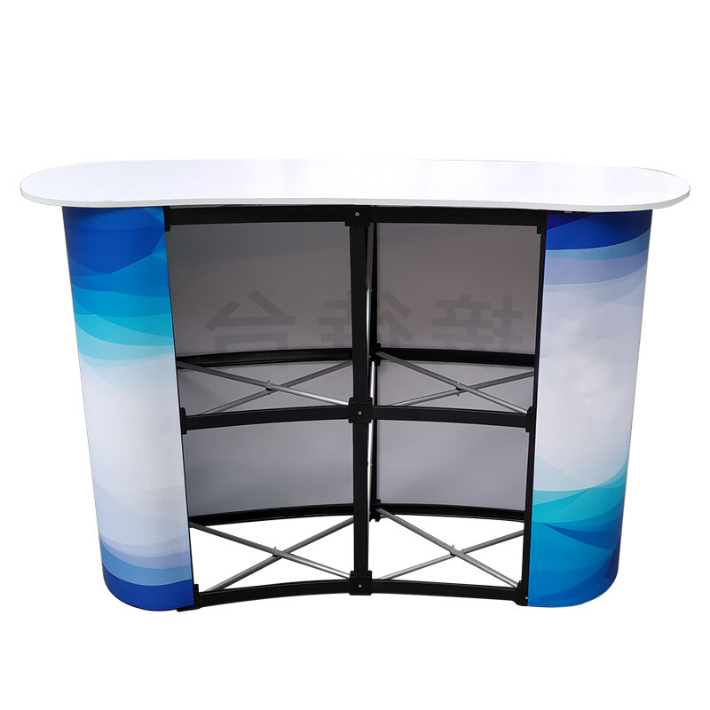 Mesa de bienvenida estilo malla, Mesa de Promoción, marco de malla plegable de aleación de aluminio, recepción portátil y mesa de exhibición de escritorio frontal