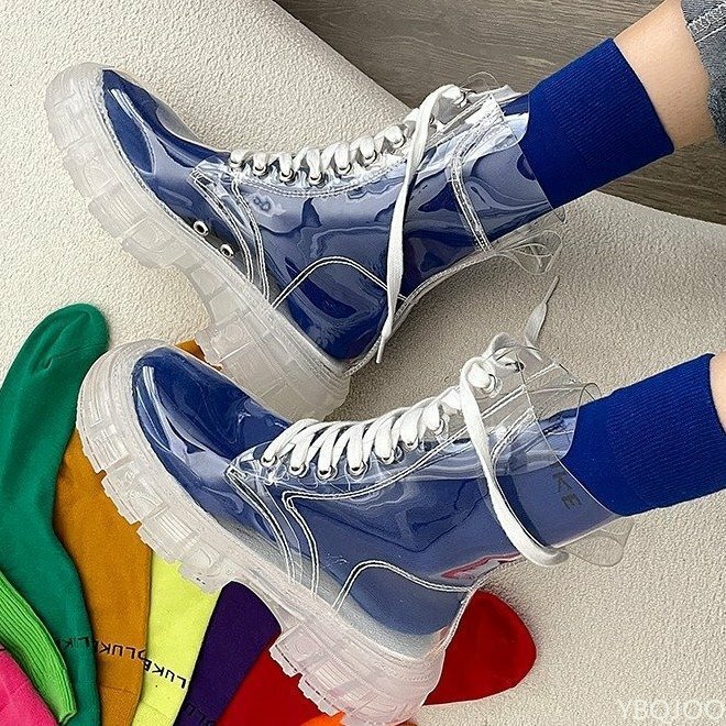 2022 Sepatu Bot Platform Transparan Wanita Fashion Keren Sepatu Bot Pergelangan Kaki Tahan Air Sepatu Bot Pendek Hak Jernih Feminin Sepatu Hujan Wanita Seksi