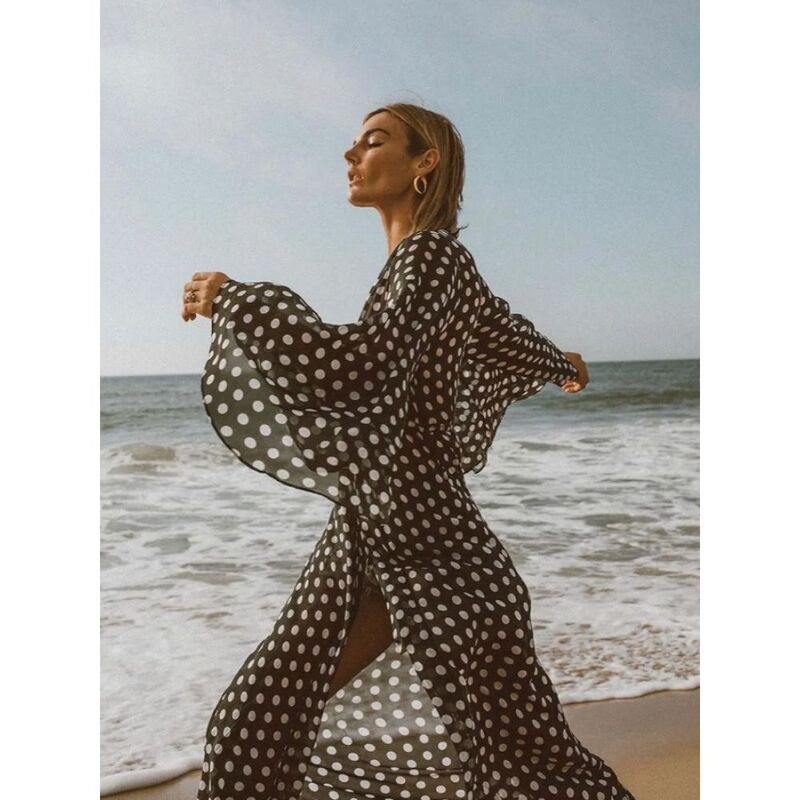 Polka-dot Print Beach Cover Up Beach Damska długa tunika Kimona Push Up Bow Design Bikini Luksusowy jednoczęściowy strój kąpielowy na wakacje