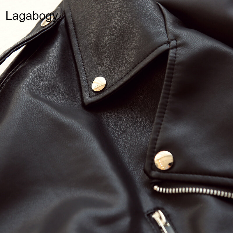 Lagabogy-인조 가죽 재킷 및 재킷, 여성 캐주얼 모토 바이커 재킷 외투 여성 탑 BF 스타일 블랙 가죽 코트 벨트