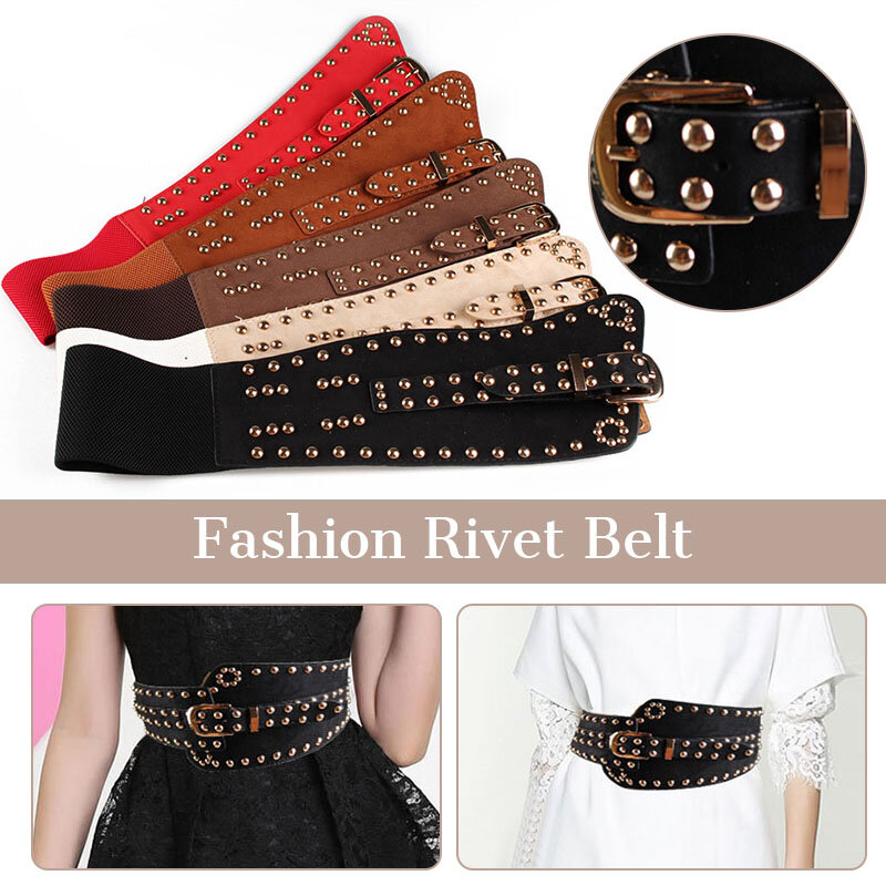 Women Medieval Retro Punk Wide Waist Belt Elastic Princess Belt Rivet Studded Corset Girdle Court Style Gothic Retro Belt