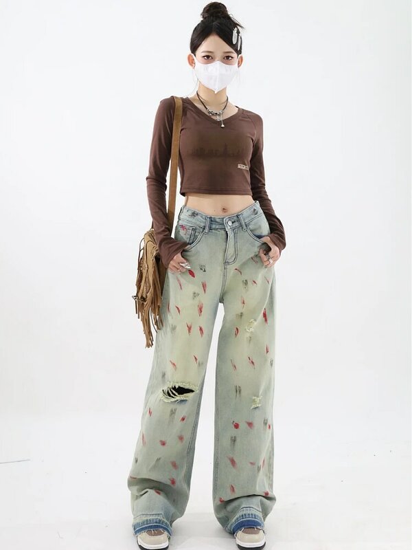 2024 Women Vintage Blue Ripped Jeans Baggy High Waist Cowboy Pants Harajuku Straight Denim Trousers 90s Y2k Trashy 2000s Clothes