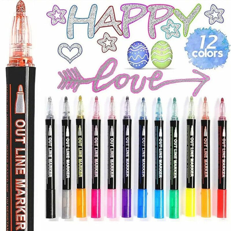 8/12/24/36Pcs Plastic Double Line Outline Pen Waterproof Metallic Color Highlighter Shimmer Marker Fluorescent Pen Kids