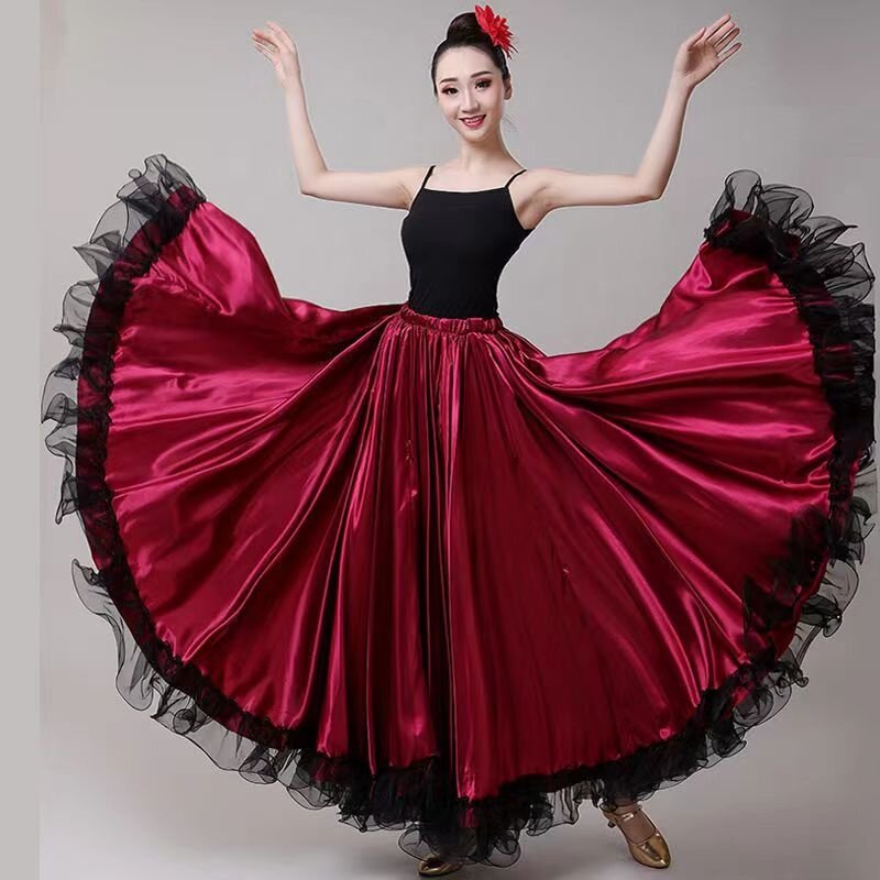 Gypsy rok Flamenco Spanyol wanita Polyester Satin halus besar ayunan karnaval pesta Ballroom kostum tari perut Gaun