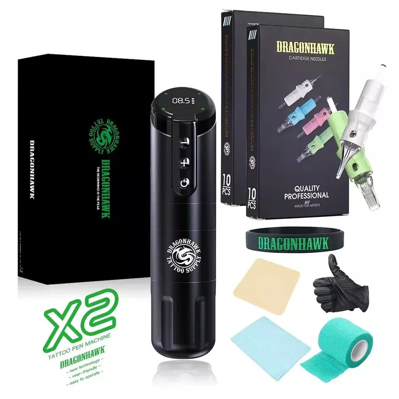 Dragonhawk X2 펜 세트, 대용량 배터리 바디, 무선 문신 기계, 초보자용 영구 액세서리, 문신 용품
