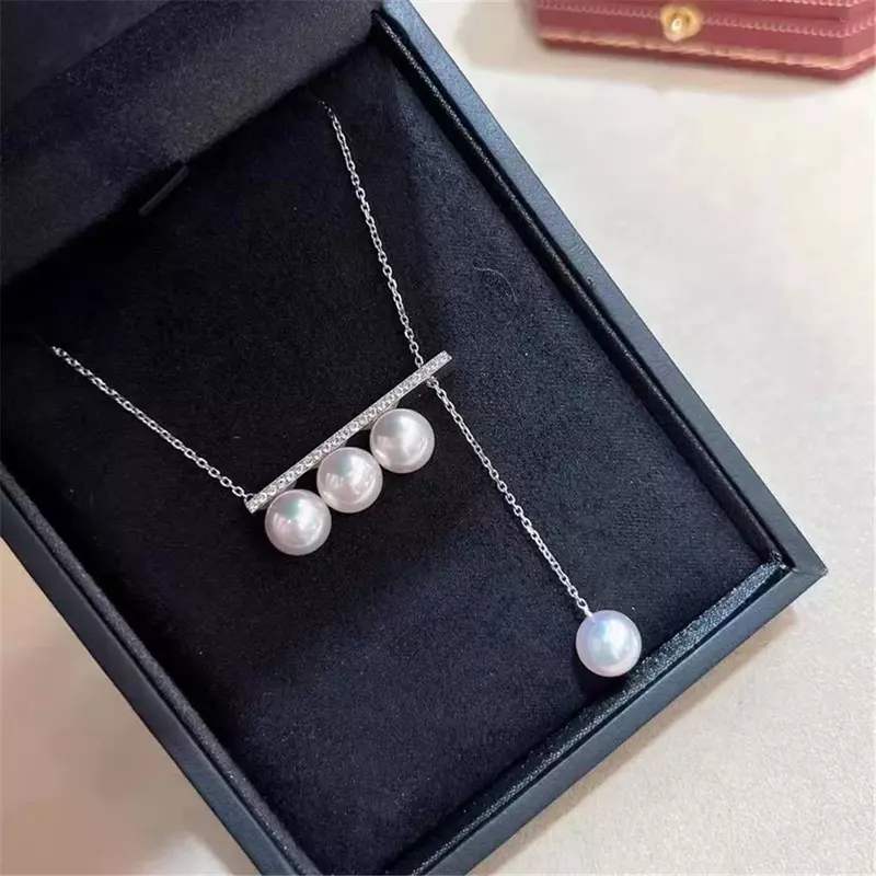 DIY Pearl Accessories S925 Pure Silver Set Chain Empty Support Fashion Pendant with Silver Chain Handmade Fit 8-8.5mm Circle