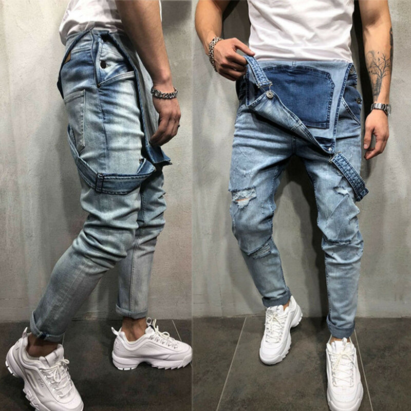 Macacão jeans rasgado para homens, jardineira casual, jeans com cinta retrô, moda streetwear, moda motociclista elegante, tendência