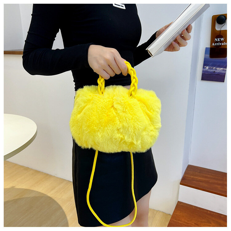 NEW Elegant Shoulder Bag For Women Solid Color Furry Crossbody Bag Pouch Woven Handle Plush Handbags Portable Small Tote Bag