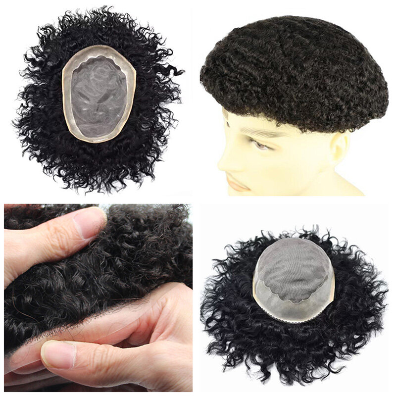Cienkie włosy Mono NPU głębokie kręcone męskie protezy kapilarne 100% peruki z ludzkich włosów dla tupecik dla mężczyzn systemów Exhuast peruka Afro Men