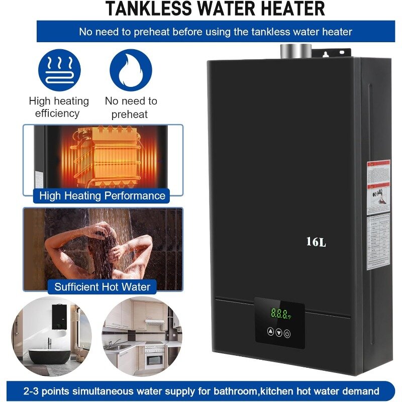 Tankless Propane Water Heater with Fahrenheit Digital Display, 4.21GPM 16L Indoor, Constant Propane Water Heater