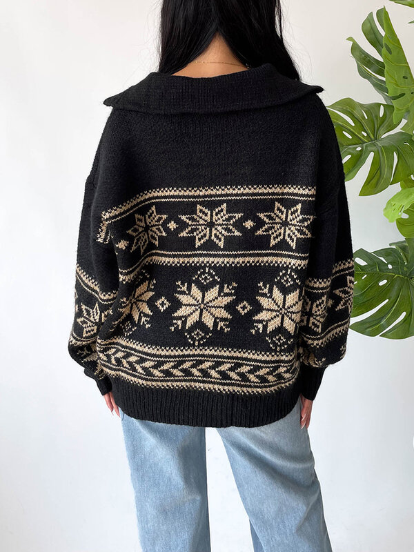 Damski sweter z dzianiny z długim rękawem z kołnierzem zapinanym na zamek śnieżny ciepły sweter na jesień zimę
