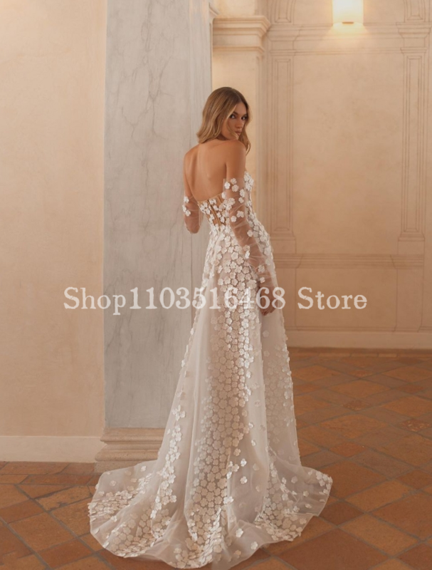 Elegant Sheath Wedding Dress 2024 Luxury White Applique Sheer Bohemian A-Line Custom Long Wedding Dress فساتين السهرة فخمه