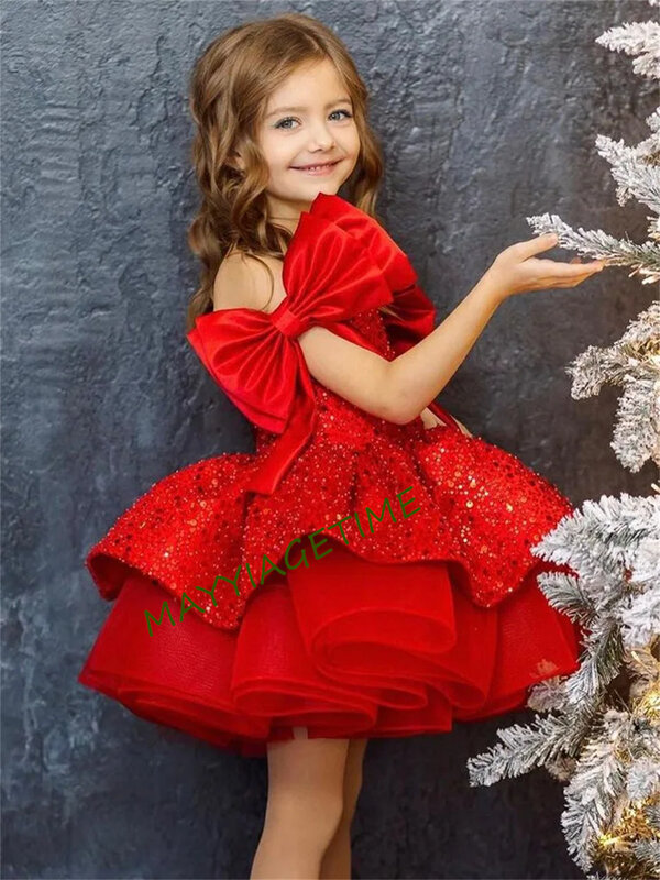 Brokatowa czerwona sukienka dla dziewczynki z kokardką Off The Shoulder bufiaste sukienki księżniczki śliczna dziewczynka sukienka urodzinowa suknie dla dzieci
