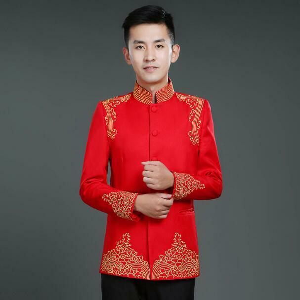 Chinese Jacket Men Wedding Top Spring Coat Zhong shan Host Stage Red Vintage Embroider
