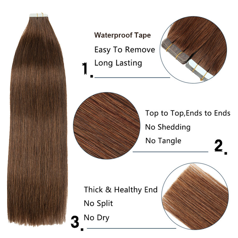 Extensiones de cabello humano con cinta recta para mujer, marrón medio #4, cinta sin costuras, extensión de cabello Invisible