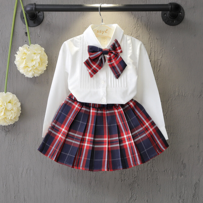 2023 Spring Summer Girl Suit Casual Clothing Autumn British Style Pure White Shirt + Plaid Skirt + Bow Children'S School Uniform