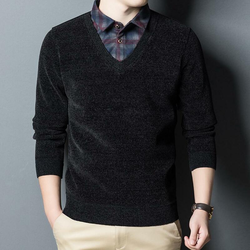 Men Fake Two-piece Men Sweater Winter Fake Two Pieces Knitting Tops Lapel Long Sleeve Slim Fit Sweater Fleece Lining Thermal Top