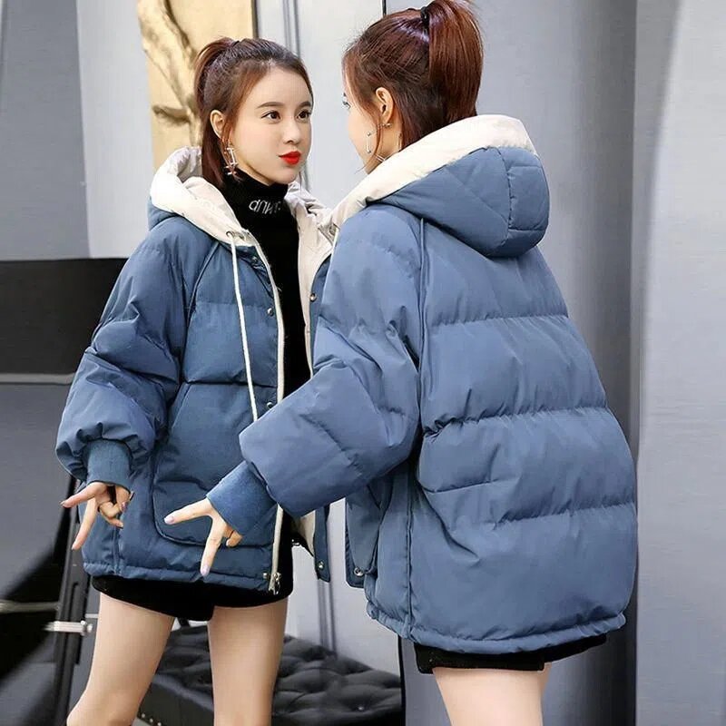 Zimowy krótki puchowy płaszcz bawełniany Kobiety 2024 Nowy płaszcz z kapturem Gruby chleb Pure Color Moda Odzież wierzchnia Parka Płaszcz damski