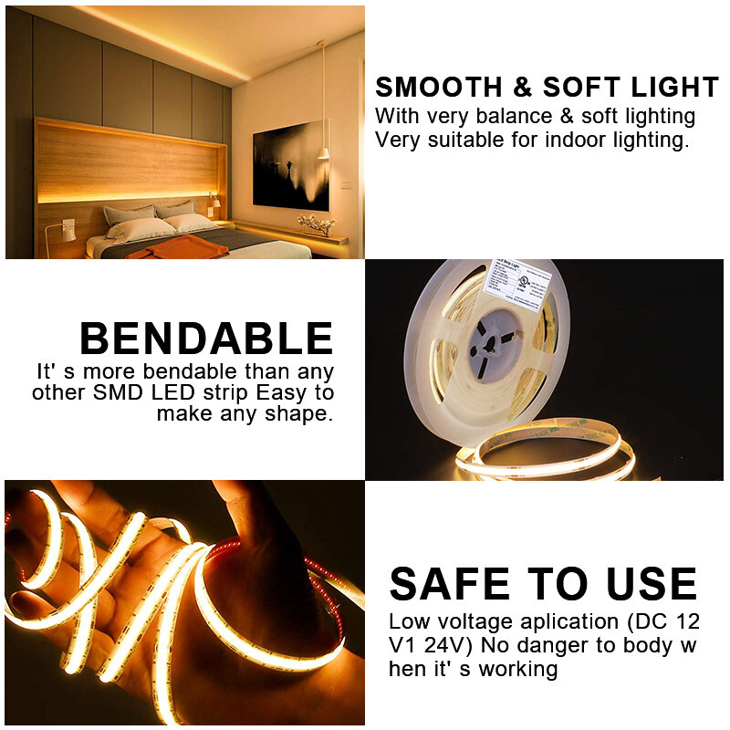 5M Cob Led Strip Light High Density Flexible Tape Warm Nature Cool White Dimmabl Home Decoration Lighting For Cabinets 12-24V