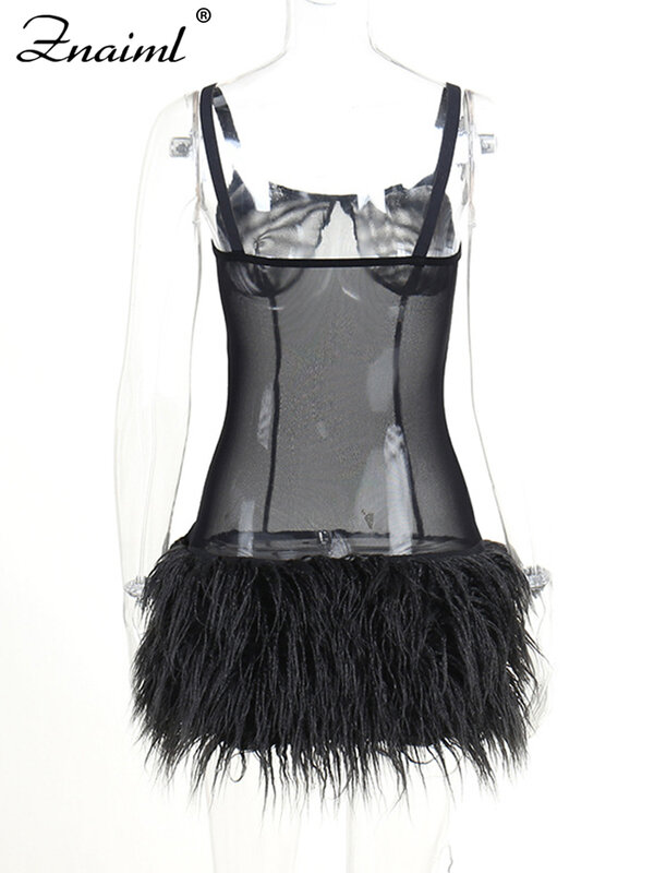 Znaiml 2022 Sexy Spaghetti Strap Backless Black Mesh See Through Fur Mini Dress for Women Autumn Fashion Birthday Club Wear