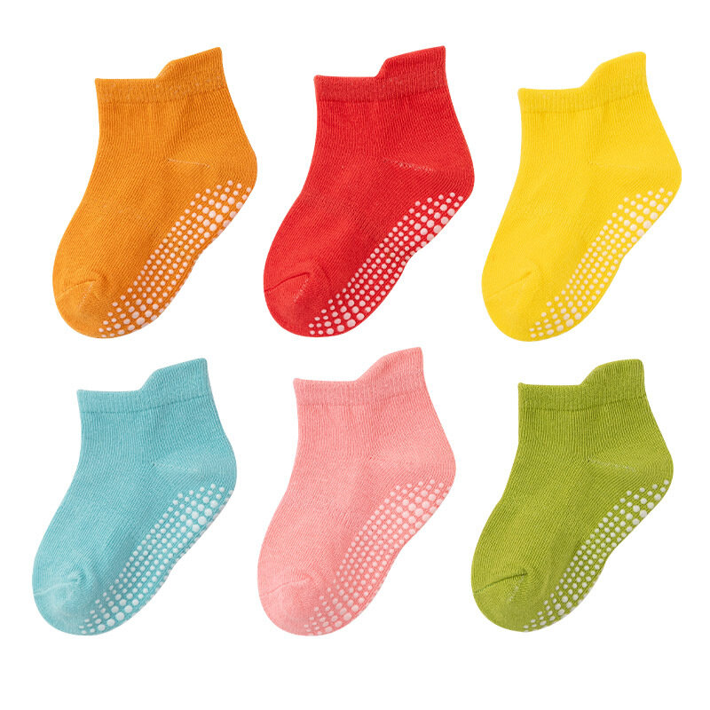 Calcetines antideslizantes de algodón para niño y niña, medias suaves y transpirables de Color sólido para primavera y otoño, lote de 6 pares